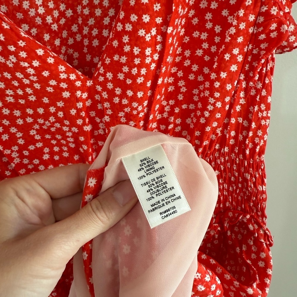 Rebecca Taylor Silk Blend Red Ditsy Floral Smocked Waist Mini Dress - Medium - Picture 7 of 8